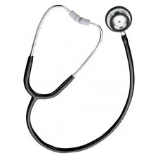 Black medical stethoscope with silver chest piece on white background
