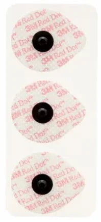 Three 3M Red Dot ECG electrode pads with snap connectors for medical monitoring