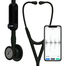 Digital stethoscope with smart device displaying heart sound waveforms, medical equipment