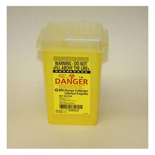 Yellow 1L BD sharps collector container for medical needle disposal with safety warning.
