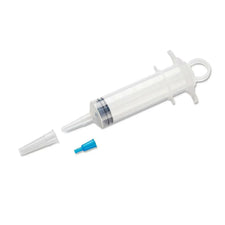 Large medical syringe with cap and blue adapter on white background, home care supply