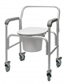 Mobile commode chair with armrests, wheels, and removable seat for home care use