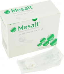 Mesalt sodium chloride dressing box with packaged medical dressing, wound care supplies
