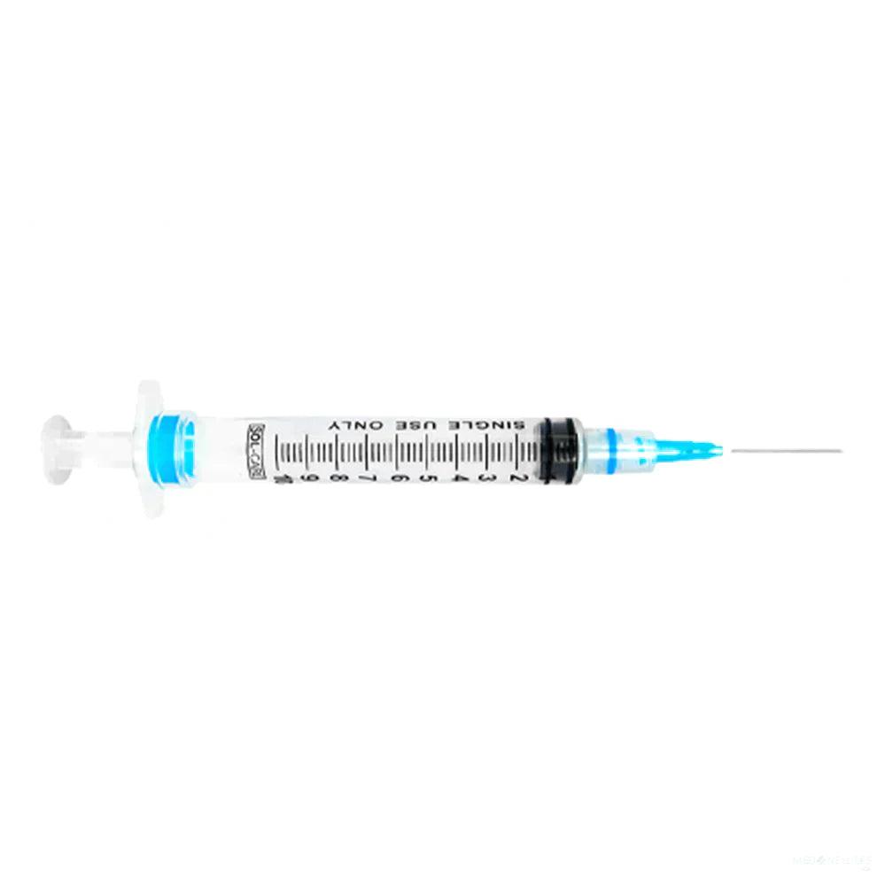 3mL | 22G x 1 1/2" - SOL-CARE Luer Lock Safety Syringe with Exchangeable Needle | 100 per Box