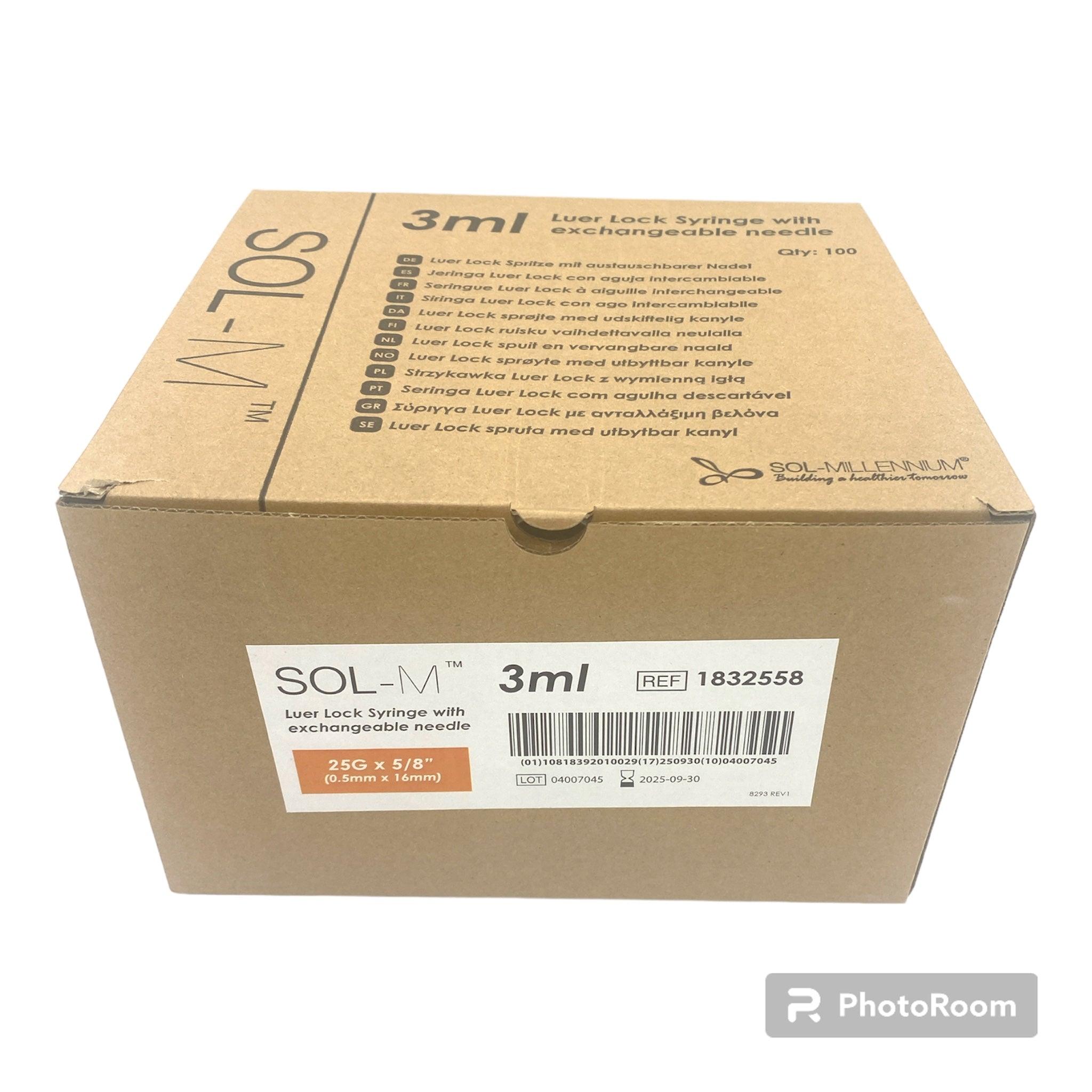 3mL | 25G x 5/8" | Sol-M 1832558 Luer Lock Syringe with Exchangeable Needle (100pcs)