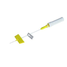 Yellow butterfly wing infusion set with needle on white background, medical supply