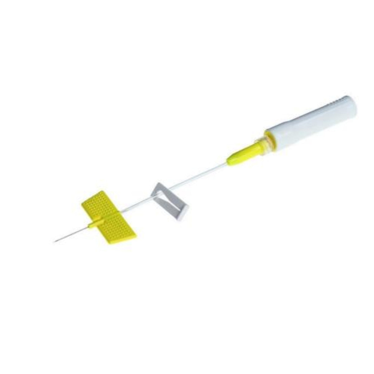 Yellow butterfly wing infusion set with safety needle for medical use on white background