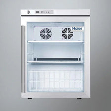 Medical refrigerator with glass door, digital control panel, and interior shelves