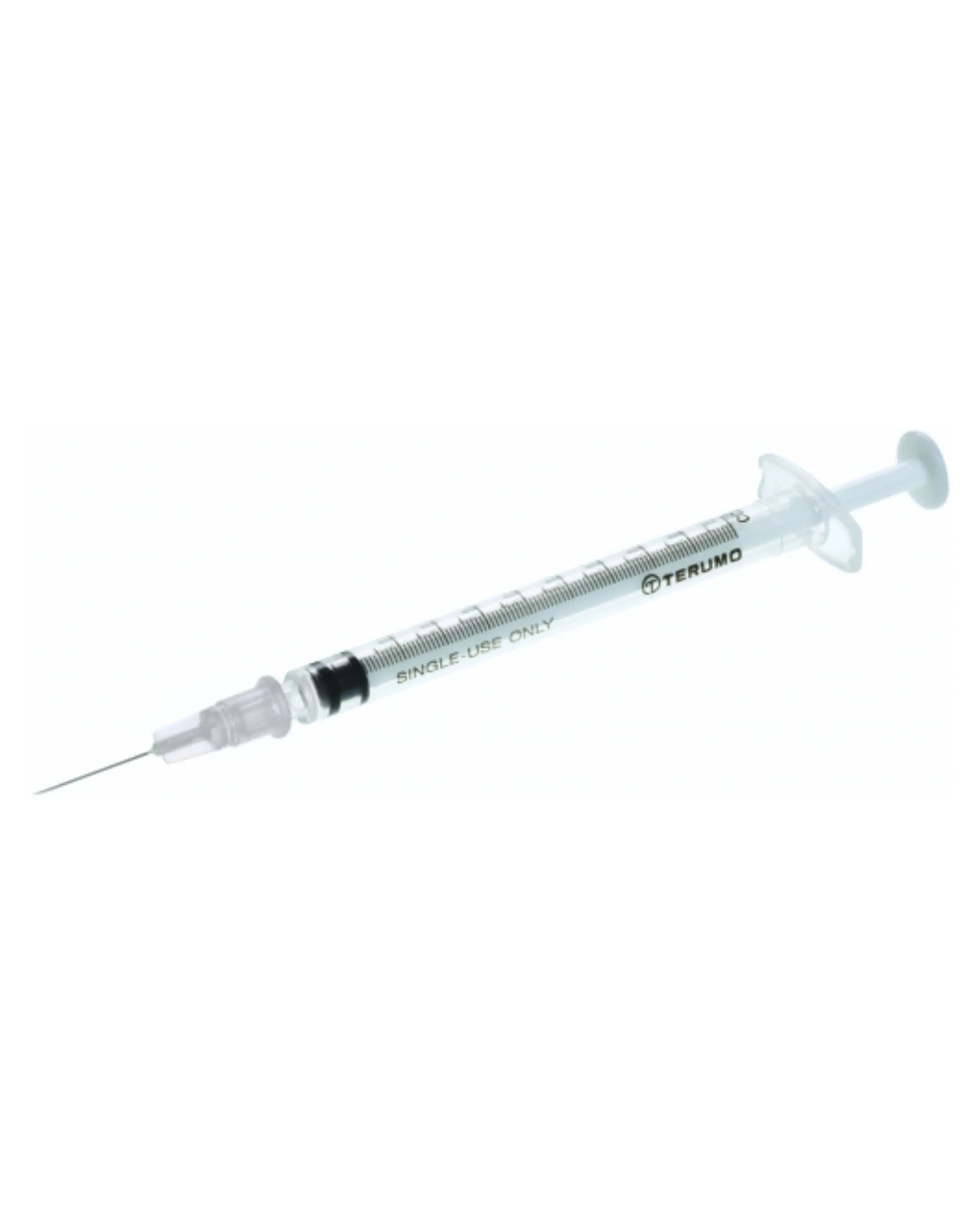Sterile single-use medical syringe with needle for injections on white background
