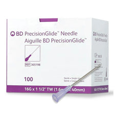 BD PrecisionGlide 16G x 1.5 inch sterile hypodermic needle box with one needle visible