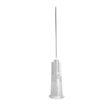 Sterile medical hypodermic needle with transparent plastic hub on white background
