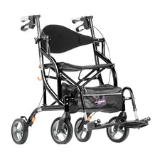 Lightweight black rollator transport chair with four wheels, padded seat, and footrest