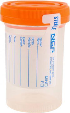 Sterile specimen collection container with orange lid and labeling fields for medical use