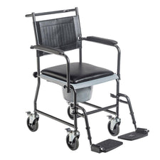 Rolling commode chair with black padded seat, armrests, and footrests for home care