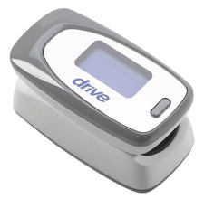 Digital fingertip pulse oximeter with display screen and single button, white and grey.