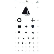 Kindergarten vision test chart with symbols like circle, star, heart, boat, and plus sign.
