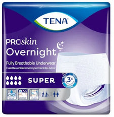 TENA ProSkin Overnight fully breathable adult underwear, super absorbency, white, packaging
