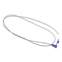 medical feeding tube with measurement markings and purple connector on white background