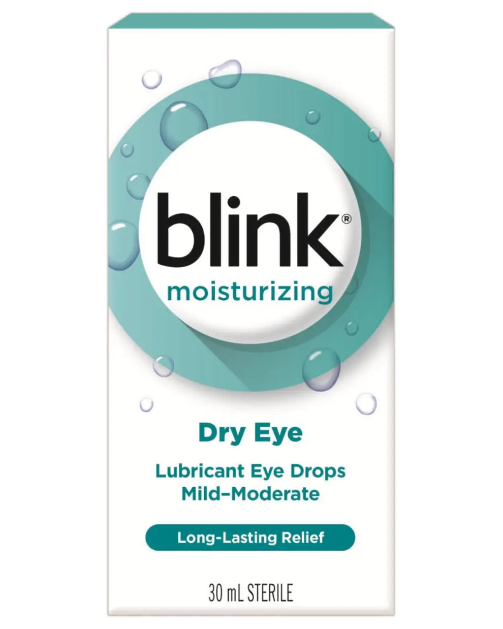 Blink moisturizing dry eye lubricant eye drops box, 30 mL, for mild to moderate dry eyes.