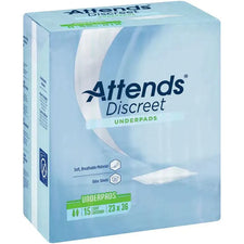 Attends Discreet underpads package, 23x36 inches, 15 count, soft breathable material