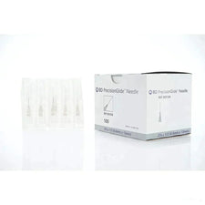 BD PrecisionGlide medical needles box and individually packed sterile needles, 27G x 1/2 inch.
