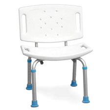 Adjustable shower chair with backrest, white seat and blue rubber tips, for bathroom safety
