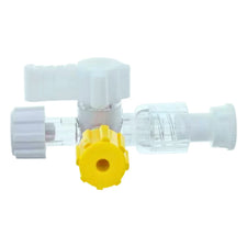 Medical IV stopcock with yellow valve, transparent connectors, used for fluid control