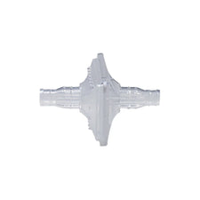 Clear plastic medical oxygen bacteria filter against white background