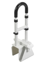 Adjustable bathtub safety rail with white base and black handle for bathroom support
