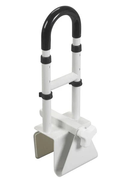 Adjustable bathtub safety rail with white base and black handle for bathroom support
