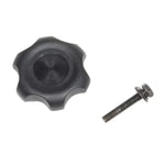 Black star knob with textured grip and metal screw for mobility aid or medical equipment