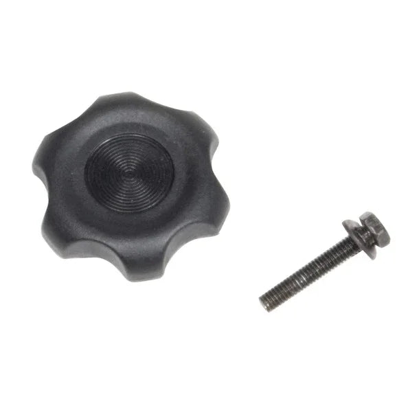 Black star knob with textured grip and metal screw for mobility aid or medical equipment