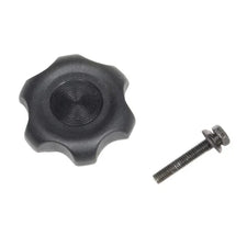 Black star knob with textured grip and metal screw for mobility aid or medical equipment