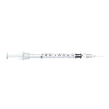 Sterile medical syringe with fine needle for home care or clinical use, transparent barrel