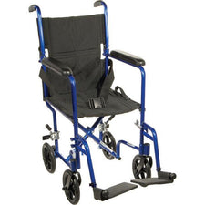 Lightweight foldable transport wheelchair with blue frame, black seat, and safety belt