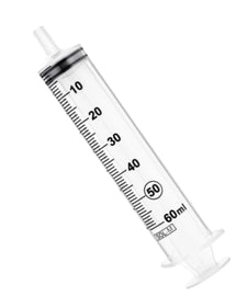 60ml clear plastic medical syringe with measurement markings on white background