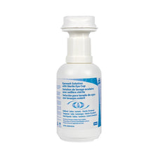 Sterile eyewash solution bottle with attached eye cup for eye care and emergency use
