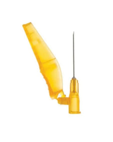 Yellow safety IV catheter needle with protective shield on white background
