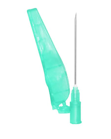 Green medical safety needle with protective cover for injections or IV access