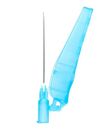 Sterile safety hypodermic needle with blue plastic shield for medical use