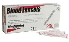 Box of Medipoint blood lancets for medical use with individual lancets shown