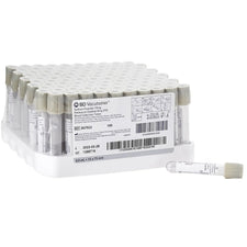 Tray of BD Vacutainer blood collection tubes with grey caps for medical use