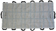 White medical patient transport sheet with black handles for emergency and home care mobility