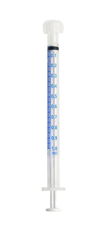 1ml oral medication syringe with clear barrel and blue measurement markings
