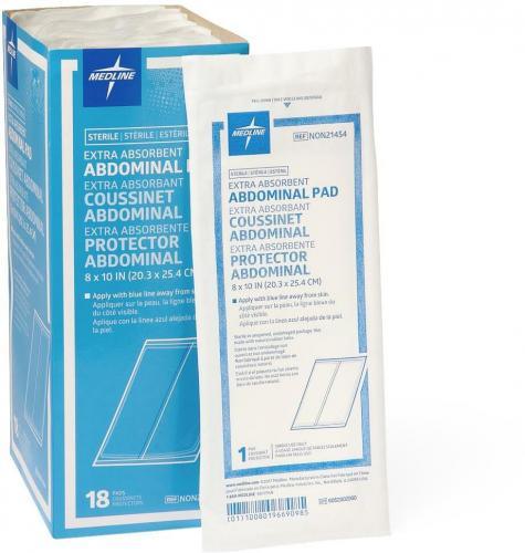 Medline sterile extra absorbent abdominal pad in single sterile pack next to box, medical supply.
