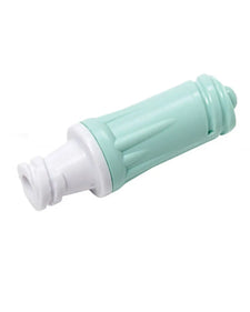 Sterile green and white IV connector for medical tubing, close-up on white background