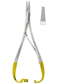Needle holder surgical instrument with yellow handle, grooved jaws detail shown