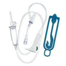 Sterile IV infusion set with tubing, needle, drip chamber, and blue packaging on white background.