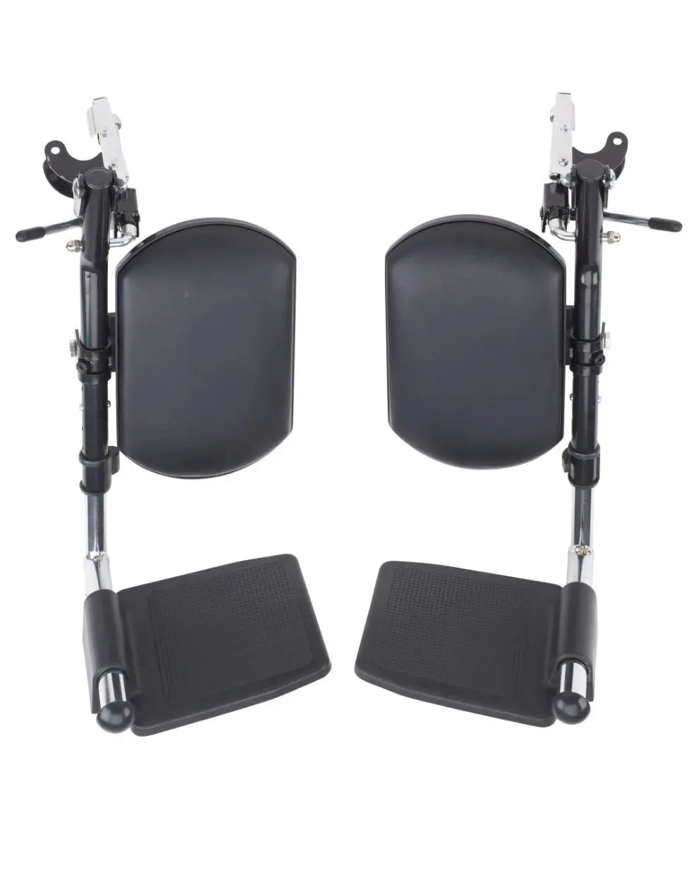 Pair of black adjustable wheelchair footrests with calf pads and metal supports