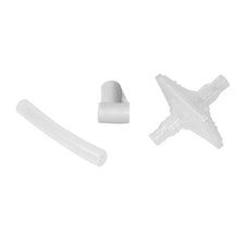 Clear plastic respiratory filter set with tube, elbow, and conical filter on white background